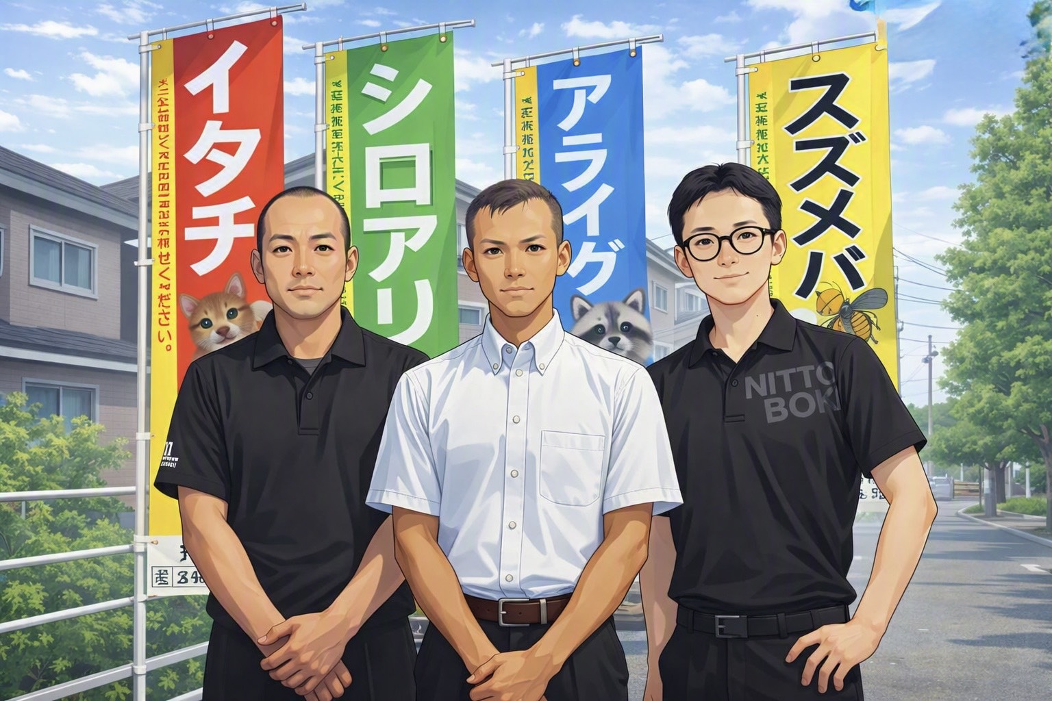 風に揺れる4色の旗